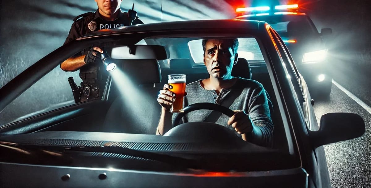 Contrôle routier et alcool au volant Homme au volant soumis à un contrôle routier un verre d'alcool à la main.